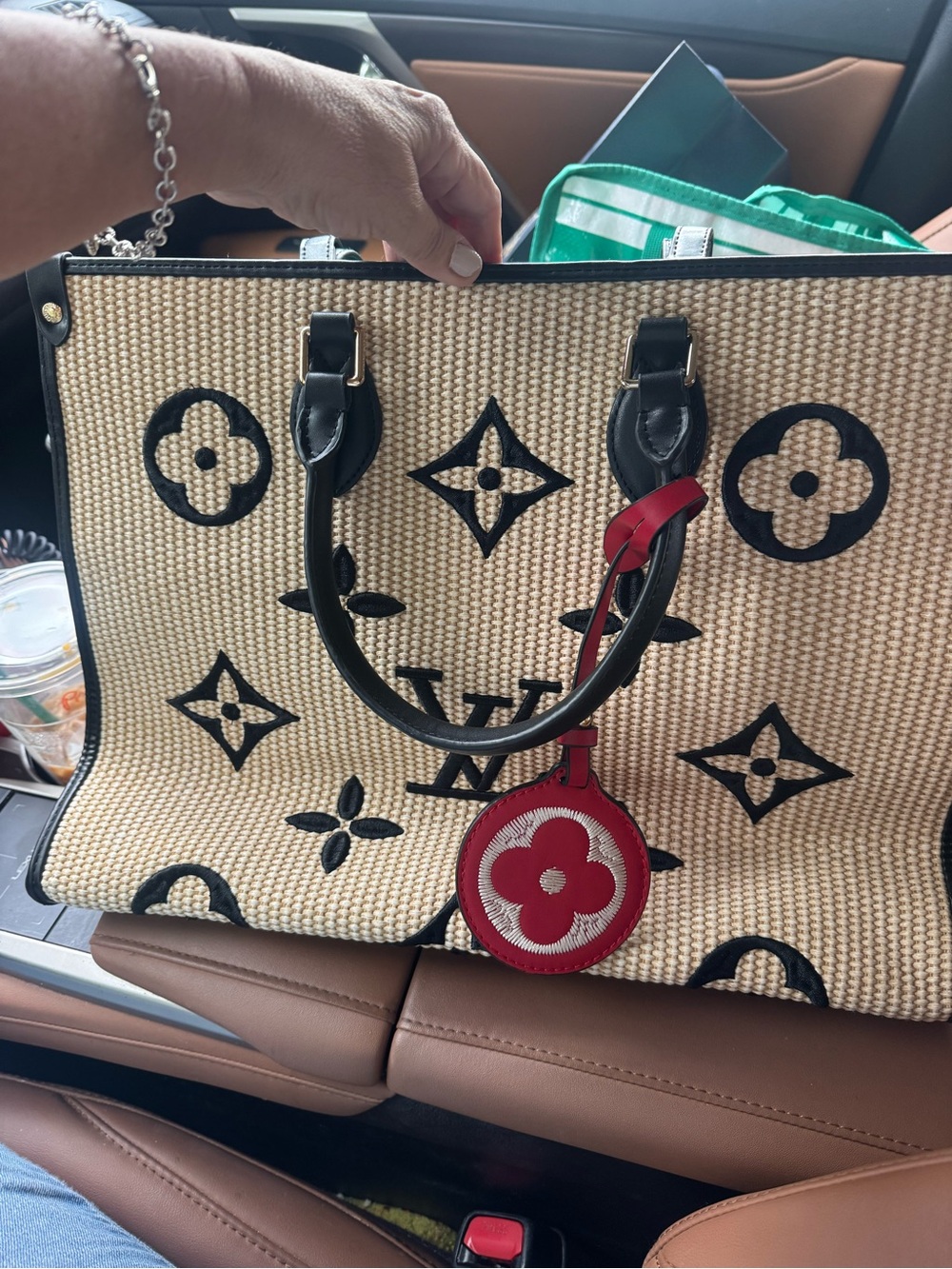 Designer-Inspired Cream and Black Tote with Red Accent real leather